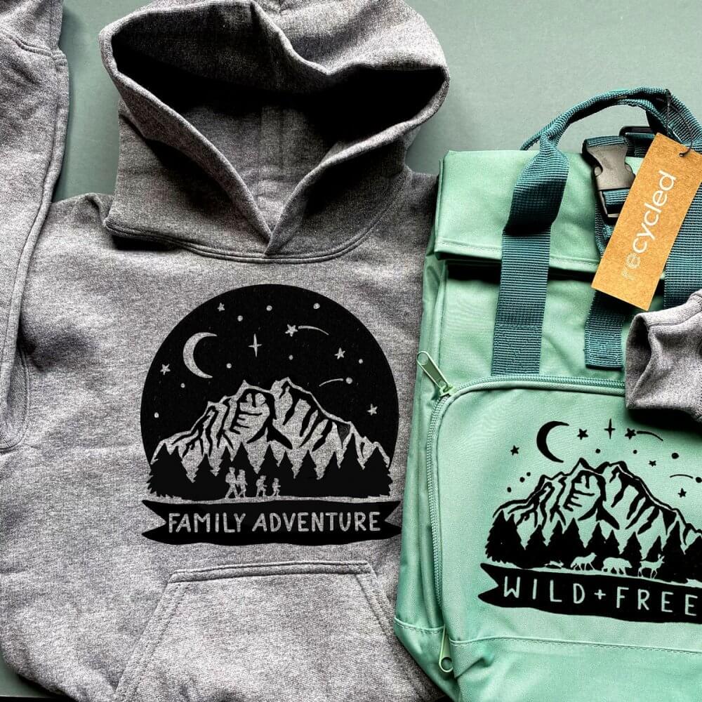 family-adventure-grey-hoodie-green-backpack-bag-template